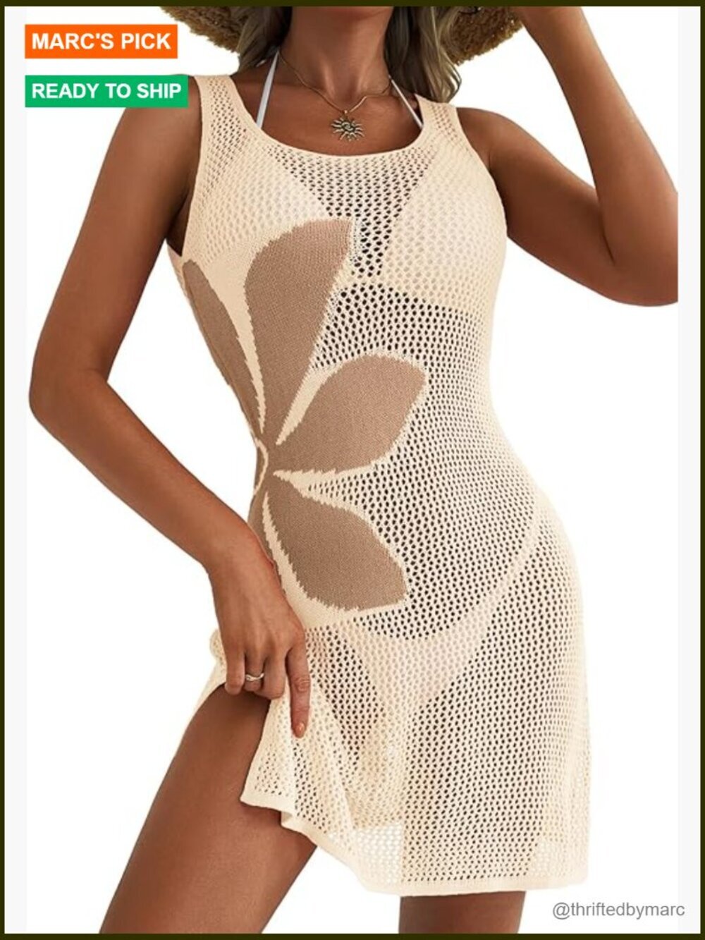 Crochet Floral Hollow Out Slit Sleeveless Beach Cover Up Dress
